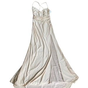 La Femme Size 10 Beige Strappy Back Ruched Dress Side Slit NWOT